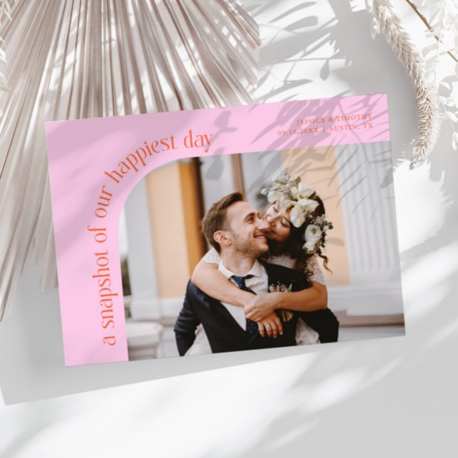 Tarjeta De Agradecimiento Snapshot Happiest Day Orange Pink Wedding Photo (Subido por el creador)