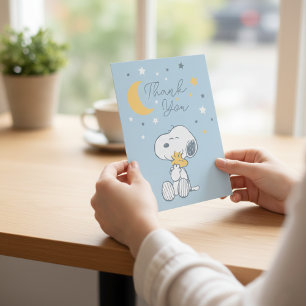 Tarjeta De Agradecimiento Snoopy & Woodstock Sobre la Luna Baby Shower Tha
