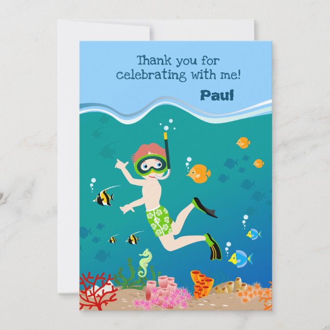 Tarjeta De Agradecimiento Snorkeling con fiesta de cumpleaños de peces tropi (Anverso)