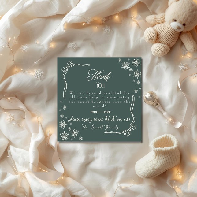 Tarjeta De Agradecimiento Snow Bow green baby Labor  Delivery NICU Hospital  (Snow Bow green baby Labor Delivery NICU Hospital Thank You Card)