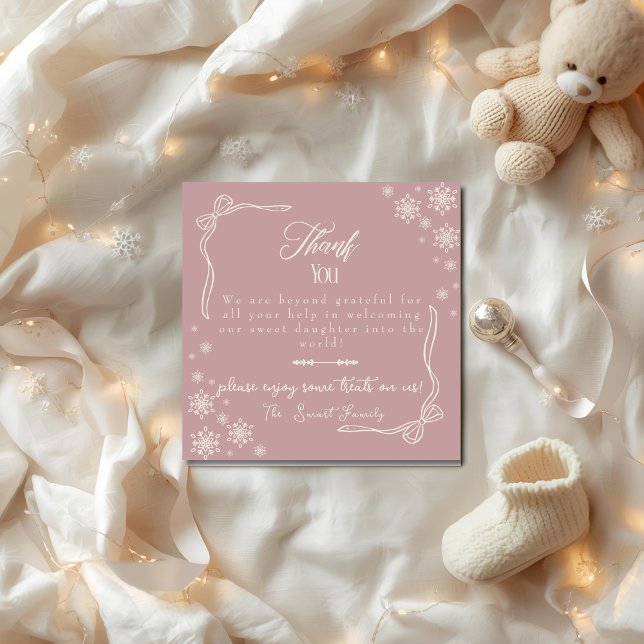 Tarjeta De Agradecimiento Snow Bow pink baby Labor  Delivery NICU Hospital  (Snow Bow pink baby Labor Delivery NICU Hospital Thank You Card)