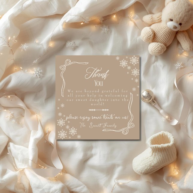 Tarjeta De Agradecimiento Snow Bow Taupe baby Labor  Delivery NICU Hospital  (Snow Bow Taupe baby Labor Delivery NICU Hospital Thank You Card)