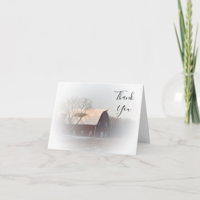 Tarjeta De Agradecimiento Snow Covered Barn Winter Country Thank You (Anverso)
