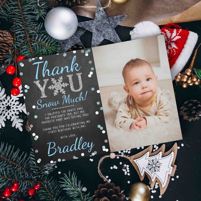 Tarjeta De Agradecimiento Snowflake Winter Chalkboard Foto de primer cumplea (Subido por el creador)