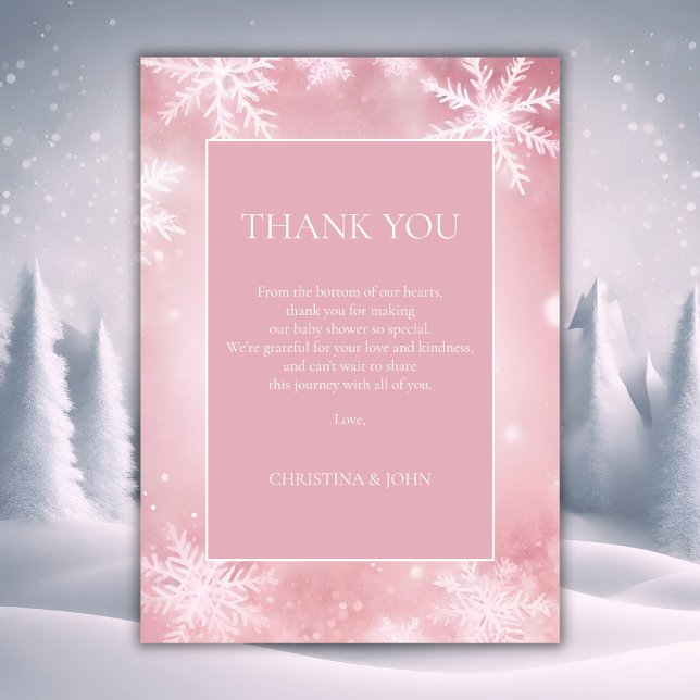 Tarjeta De Agradecimiento Snowflake Winter Wonderland Baby Shower rosa (Subido por el creador)