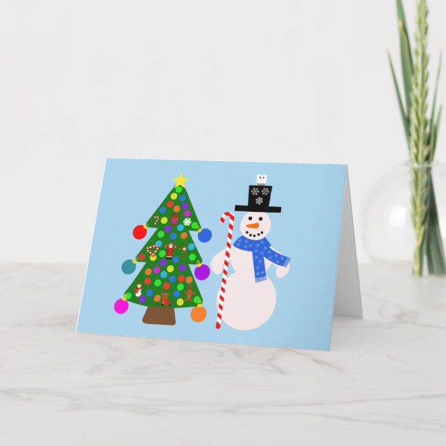 Tarjeta De Agradecimiento Snowman y el árbol de Navidad #3 Card (Anverso)
