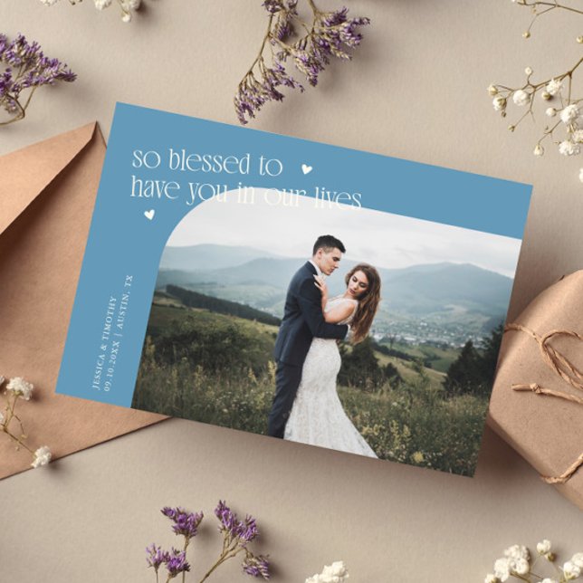 Tarjeta De Agradecimiento So Blessed Denim Blue Wedding Photo (Subido por el creador)