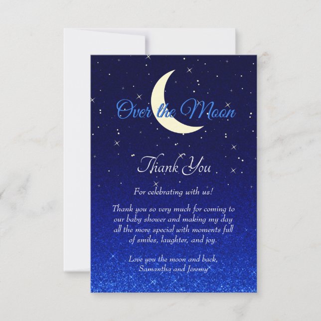 Tarjeta De Agradecimiento Sobre el Baby Shower azul de la luna medianoche (Anverso)