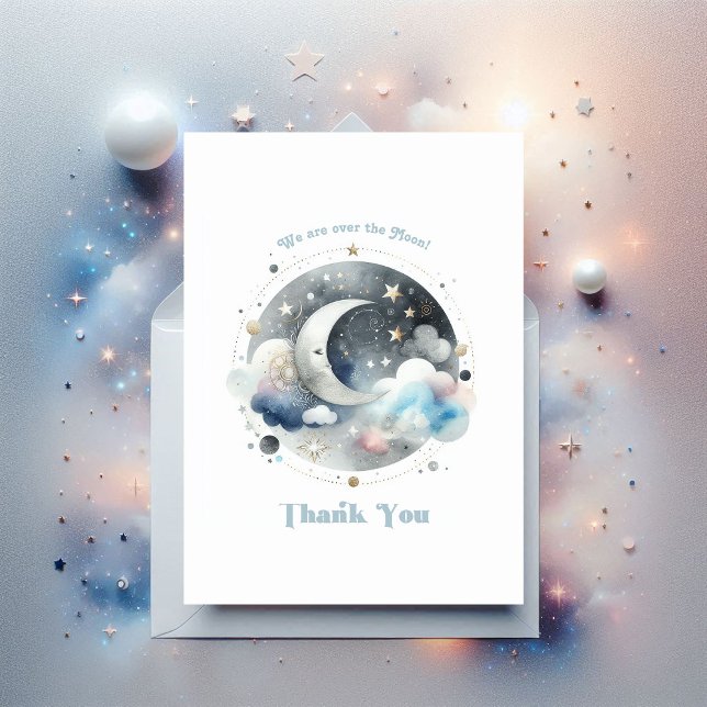 Tarjeta De Agradecimiento Sobre el Baby Shower celestial lunar (Over the Moon Celestial Baby Shower Thank You Card)
