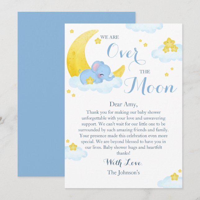 Tarjeta De Agradecimiento Sobre el Baby Shower del elefante de la luna (Anverso / Reverso)