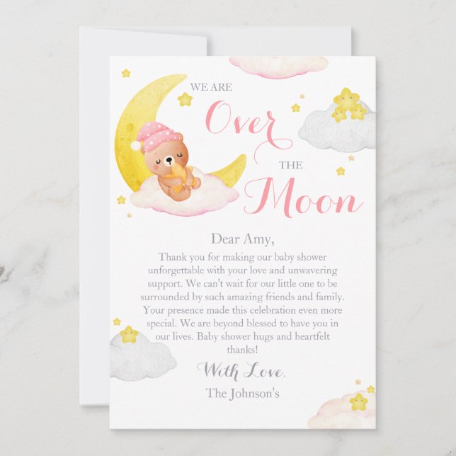 Tarjeta De Agradecimiento Sobre la luna Chica Baby Shower (Anverso)