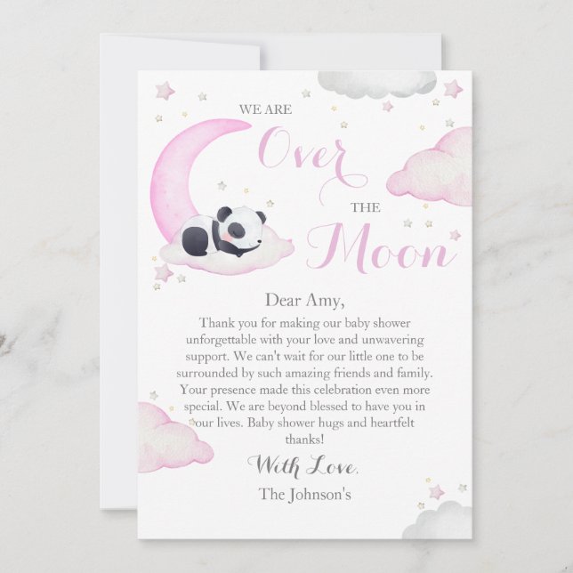 Tarjeta De Agradecimiento Sobre la luna Chica Panda Bear Baby Shower (Anverso)