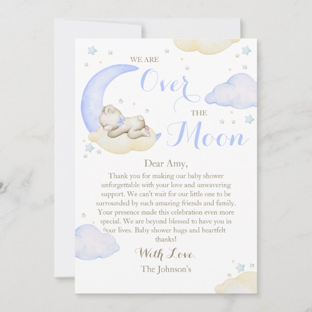 Tarjeta De Agradecimiento Sobre la Luna El Niño Lleva Baby Shower (Anverso)
