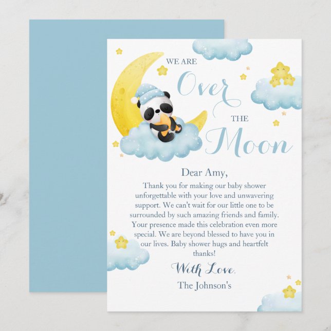 Tarjeta De Agradecimiento Sobre la luna Panda Bear Boy Baby Shower (Anverso / Reverso)