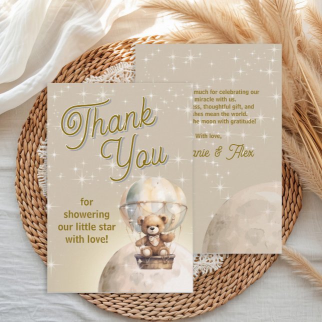 Tarjeta De Agradecimiento Sobre la luna Teddy Oso Género Baby Shower Neutral (Over the moon teddy bear hot air balloon baby shower thank you card)