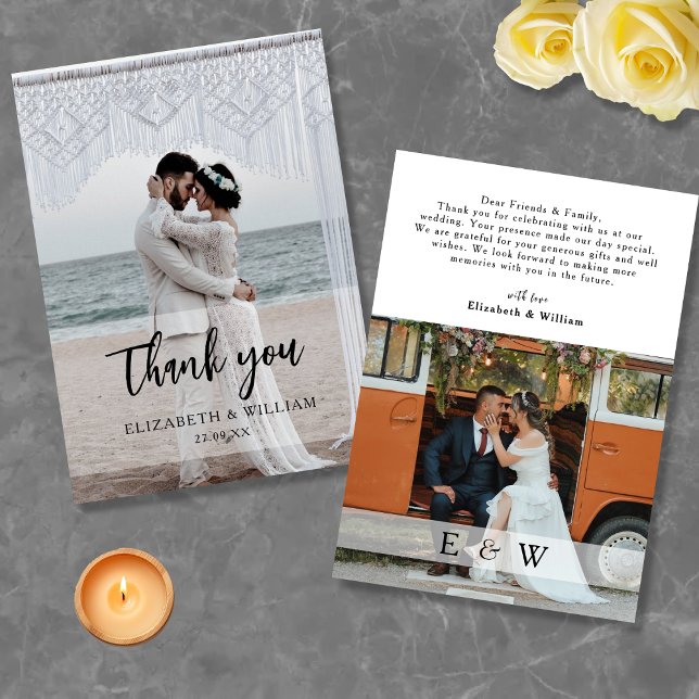 Tarjeta De Agradecimiento Sobrecarga blanca moderna 2 Boda de fotos (Modern Simple white overlay 2 Photo Wedding Thank You Card)