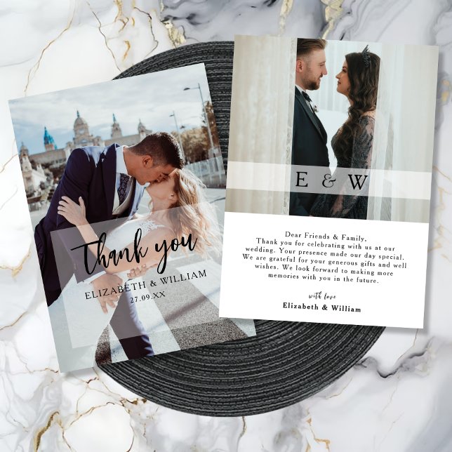 Tarjeta De Agradecimiento Sobrecarga blanca simple 2 Boda de fotos (Simple Elegant white overlay 2 Photo Wedding Thank You Card)