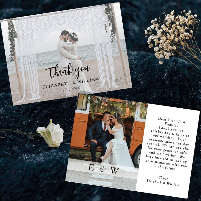 Tarjeta De Agradecimiento Sobrecarga blanca simple 2 Boda de fotos (Simple Elegant white overlay 2 Photo Wedding Thank You Card)