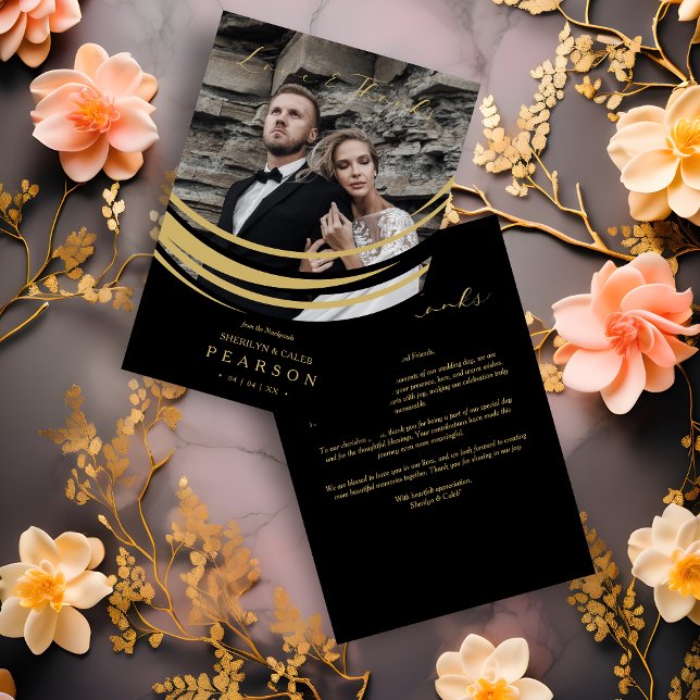 Tarjeta De Agradecimiento Sofisticada foto de un resumen de oro en imitación (Sophisticated Modern Faux Golden Abstract Geometric Shape Photo Wedding Thank You Card. )