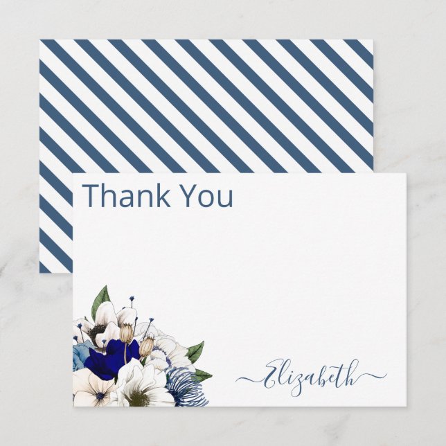Tarjeta De Agradecimiento Sofisticada Marina Dusty Blue Floral Personalizada (Anverso / Reverso)
