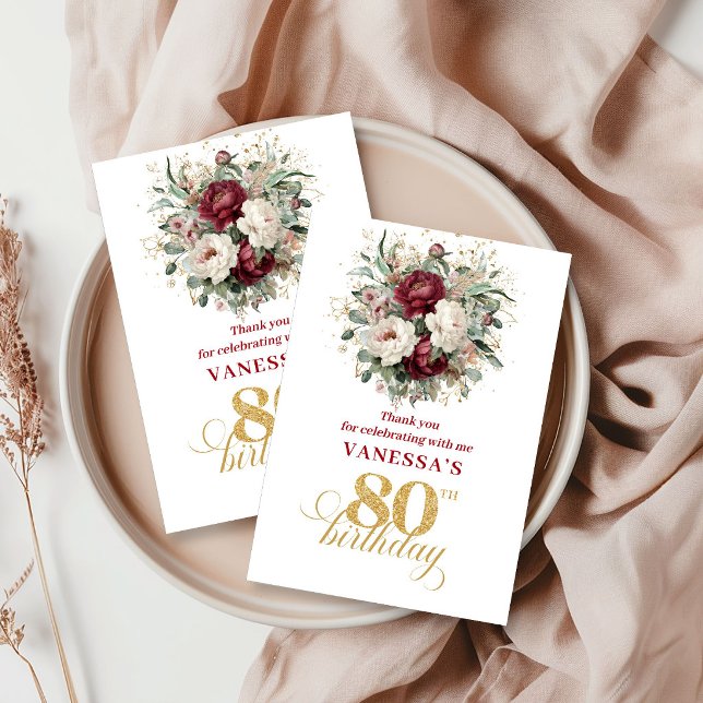 Tarjeta De Agradecimiento Sofisticado Rubor Burdeos Cumpleaños 80 (Sophisticated Blush Burgundy 80th Birthday Thank You Card)