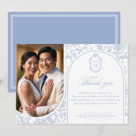 Tarjeta De Agradecimiento Soft Blue Floral Chinoiserie Monogram Wedding
