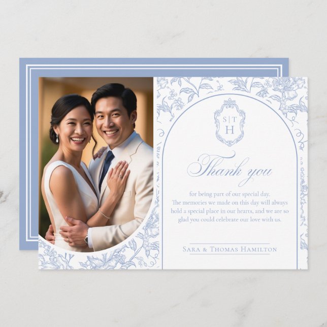 Tarjeta De Agradecimiento Soft Blue Floral Chinoiserie Monogram Wedding (Anverso / Reverso)