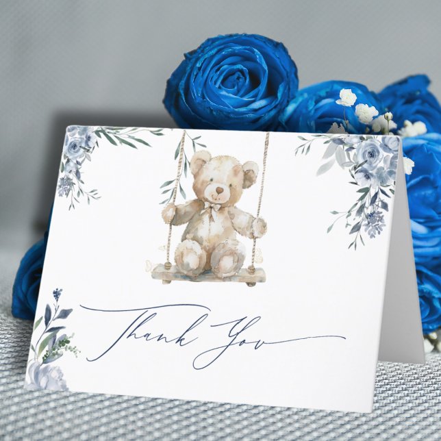 Tarjeta De Agradecimiento Soft Blue Teddy Swing Baby Shower (Subido por el creador)