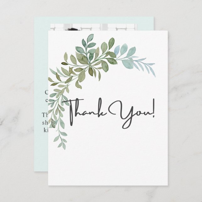 Tarjeta De Agradecimiento Soft Green Eucalyptus Watercolor Rustic Wedding (Anverso / Reverso)