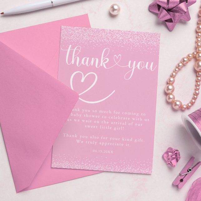 Tarjeta De Agradecimiento Soft Pink Glitter Thank You Heart Script (Subido por el creador)