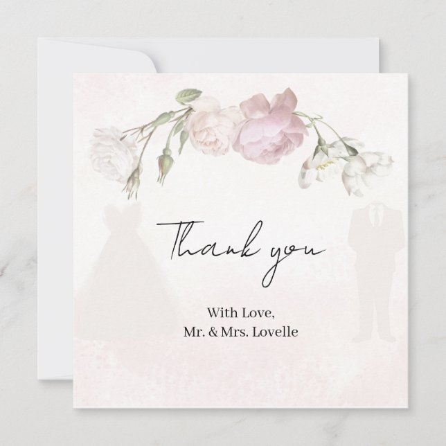 Tarjeta De Agradecimiento Soft Pink Roses & Bride and Groom Collection (Anverso)