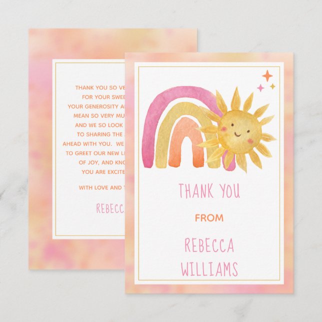 Tarjeta De Agradecimiento Sol | Sunshine and Rainbow Baby Shower Gracias (Anverso / Reverso)