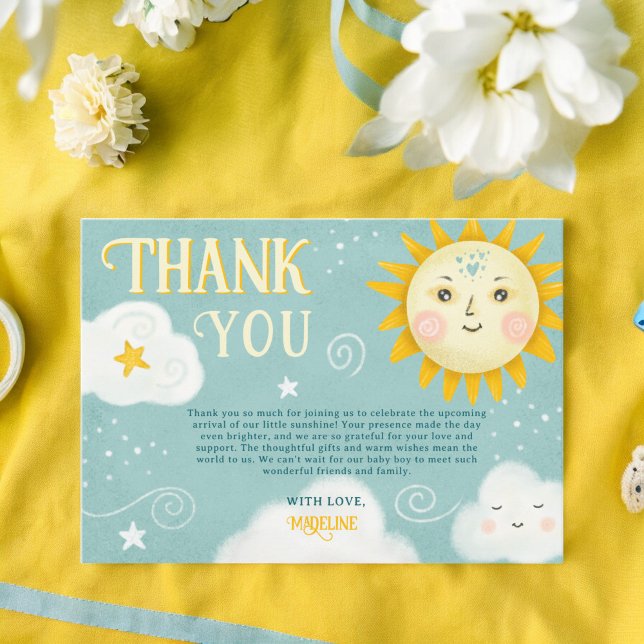 Tarjeta De Agradecimiento Sol y ducha de bebé retro caprichosos (Retro whimsical Sun and Clouds baby shower Thank You Card)