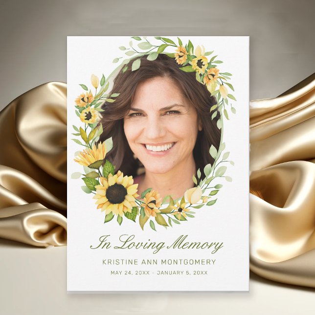 Tarjeta De Agradecimiento Solidaridad con el guión verde del girasol (Modern Yellow Sunflower Photo Memorial Funeral Thank You Card)