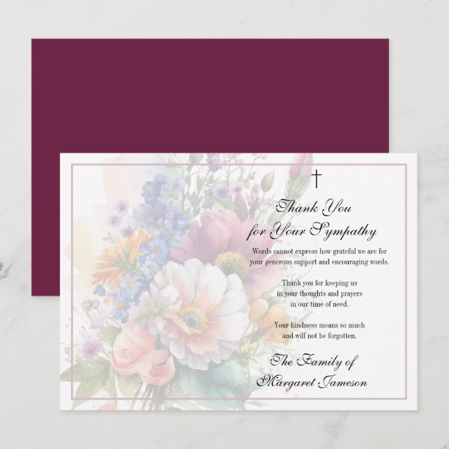 Tarjeta De Agradecimiento Solidaridad cristiana floral funeral gracias (Anverso / Reverso)