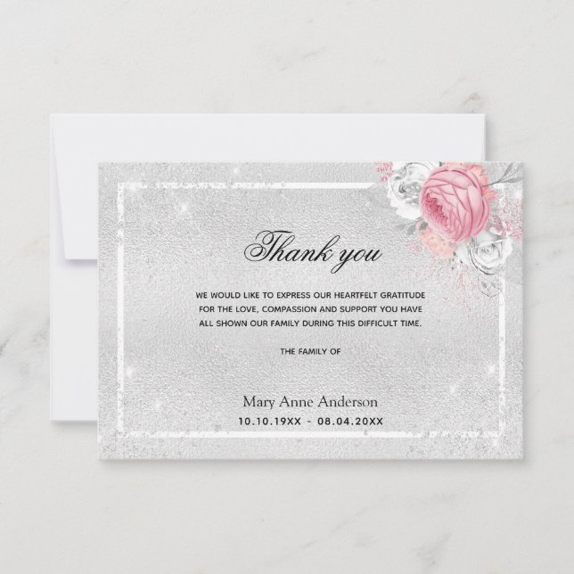 Tarjeta De Agradecimiento Solidaridad floral rosa plateado gracias (Anverso)