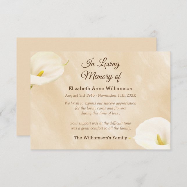 Tarjeta De Agradecimiento Solidaridad Funeral Lily Flowers Gracias (Anverso / Reverso)