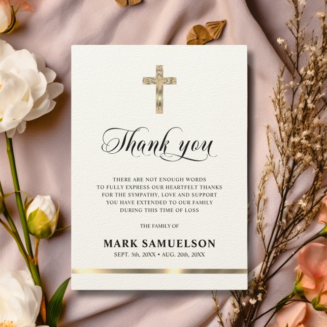 Tarjeta De Agradecimiento Solidaridad Memorial Religiosa Cruz Ecru Gold Grac (Sympathy Memorial Religious Cross Ecru Gold Thank Thank You Card)