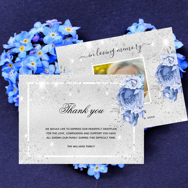 Tarjeta De Agradecimiento Solidaridad plata azul floral foto brillantes (Subido por el creador)