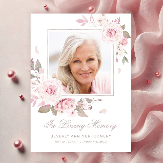Tarjeta De Agradecimiento Solidaridad Rosa Rosa Floral Oro cruzado Foco (Sympathy Pink Roses Photo Religious Funeral Thank You Card)
