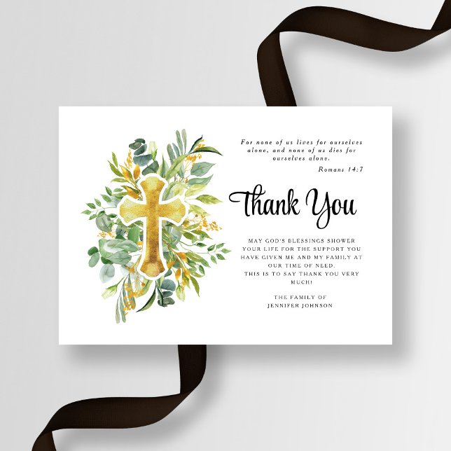 Tarjeta De Agradecimiento Solidaridad Verde Cruz Funeral (Sympathy Greenery Cross Funeral Thank You Card)