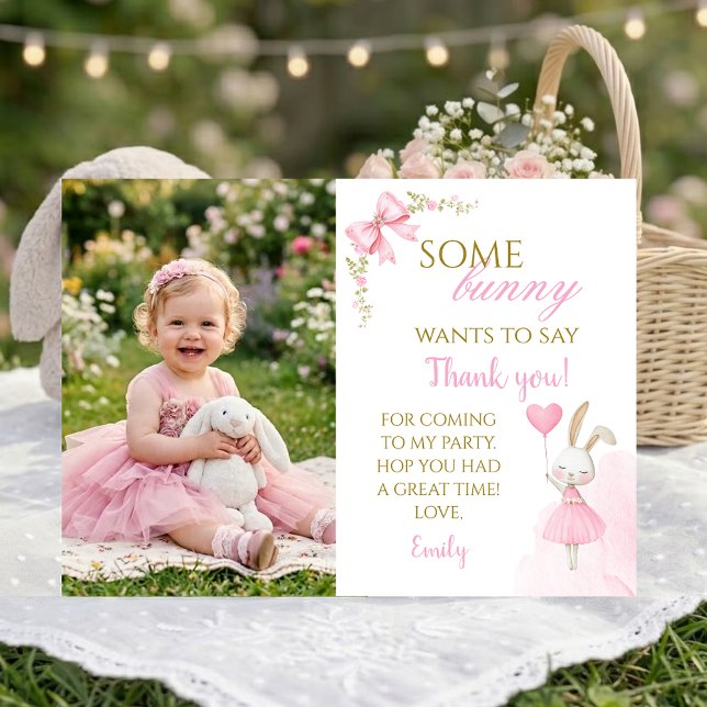 Tarjeta De Agradecimiento Some bunny is turning one, 1st Birthday Girl photo (Bunny 1st Birthday Thank You Photo Card. Some Bunny is Turning One custom photo keepsake.)