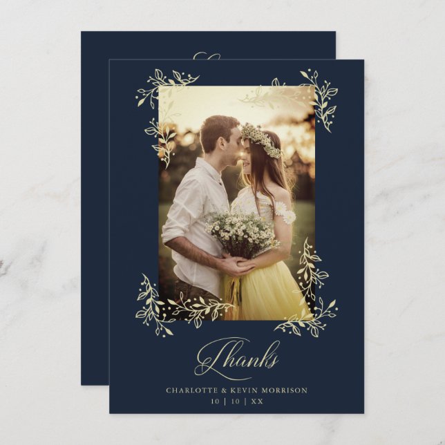 Tarjeta De Agradecimiento Sophisticated Navy Flourish Photo Wedding Thanks (Anverso / Reverso)