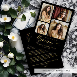 Tarjeta De Agradecimiento Spanish Black Trendy Quinceañera Collage 4 Photos