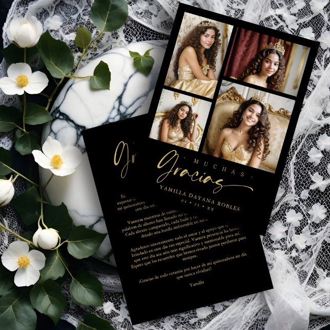 Tarjeta De Agradecimiento Spanish Black Trendy Quinceañera Collage 4 Photos (Spanish Black Trendy Quinceañera Collage 4 Photos Thank You Card.)