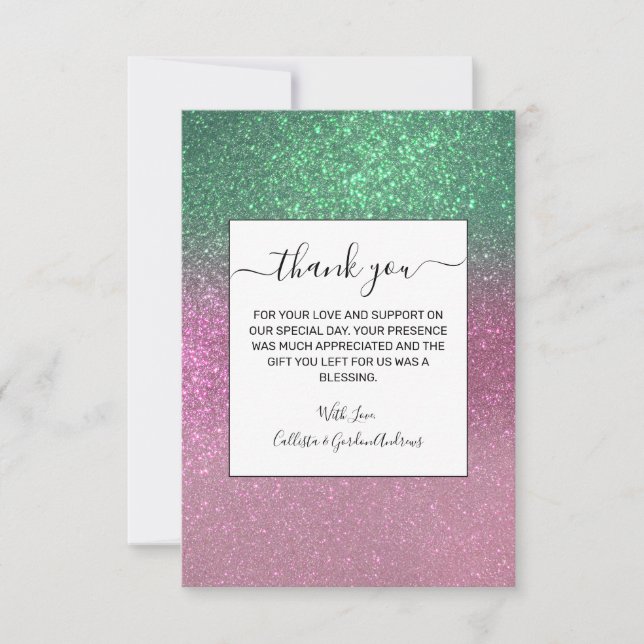 Tarjeta De Agradecimiento Sparkly Mermaid Green Berry Purpurina Rosa Ombre (Anverso)