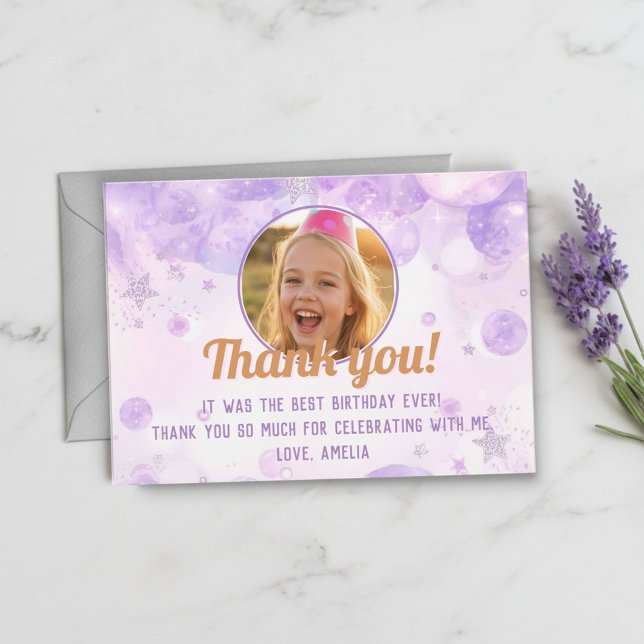 Tarjeta De Agradecimiento Sparkly Purple Photo Girls Birthday Party (Subido por el creador)