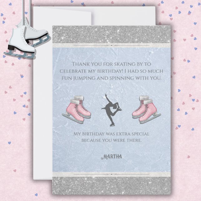 Tarjeta De Agradecimiento Sparkly Silver Glitter Ice Skating Birthday (Gracious Gratitude: Elegant Ice Skater Thank You Cards with Silver Glitter Accents)