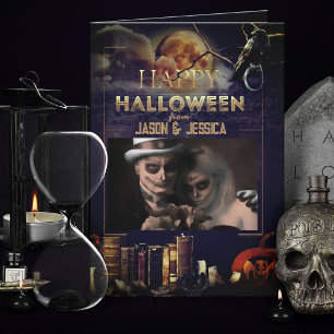 Tarjeta De Agradecimiento Spooky Gothic Raven Full Moon Photo Halloween Card