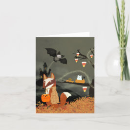 Tarjeta De Agradecimiento Spooky Halloween Fox y Bat BLANK Greet Card